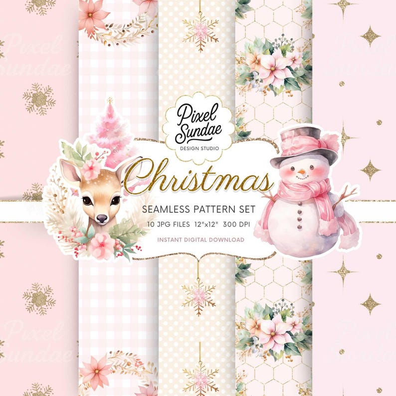 Pink Christmas Digital Paper, Pink Christmas Background, Junk Journal, Card Making, Pastel Christmas Ephemera, Scrapbook Paper, CRPK