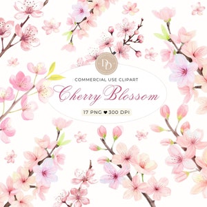 Watercolor Cherry Blossom Clipart, Sakura Clipart, Floral Clipart, Spring Flowers Clipart, Floral branches, Sakura PNG, Wedding Clipart