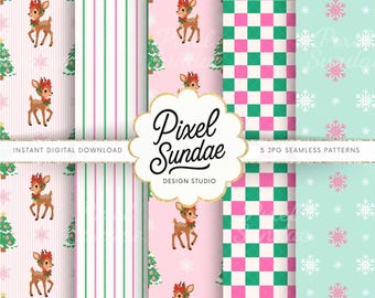 Reindeer Seamless Bundle: Whimsical Christmas Pattern, Pastel Christmas Seamless, Christmas Digital Paper, Holiday Background