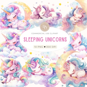 Sleeping Unicorn Clipart Pack, Pastel Unicorn, Watercolor Unicorn, Unicorn Png, Rainbow Unicorns, Magic Unicorn Graphics, Girl Clipart