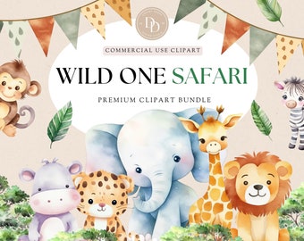 Watercolor Safari Animals Clipart Bundle, Wild One Clipart, Jungle Safari PNG, Elephant, Lion, Monkey PNG, Commercial Use PNG