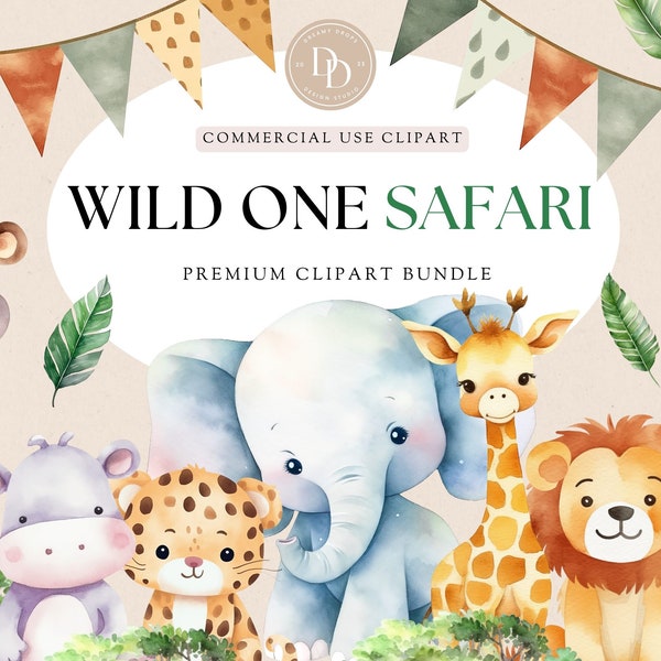 Watercolor Safari Animals Clipart Bundle, Wild One Clipart, Jungle Safari PNG, Elephant, Lion, Monkey PNG, Commercial Use PNG