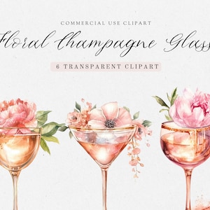 Floral Champagne Clipart Pack, Prosecco Clipart, Champagne PNG, Glass Clipart, Summer Clipart Watercolor, Wedding Clipart, Transparent PNGs