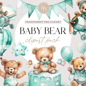 Baby Boy Teddy Bear Clipart Pack, Green Teddy Bear Clipart, Transparent PNG, For Commercial Use PNG, Baby Shower Clipart, BRCA