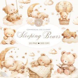 Sleeping Teddy Bears Clipart Pack, Neutral Teddy Bear Clipart, Boho Bear PNG, Baby Boy Bear PNG, Cute Teddy Bear Moon, Baby Shower Clipart