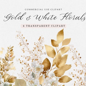 Gold & White Floral Clipart Pack, Wildflower Clipart, Wedding Clipart, Clipart For Commercial Use, Transparent PGNs, Watercolor Clipart