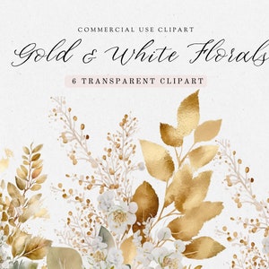 Pacote de clipart floral dourado e branco, clipart de flores silvestres, clipart de casamento, clipart para uso comercial, PGNs transparentes, clipart aquarela