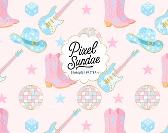 Disco Cowgirl Seamless Pattern – Pink Boots & Blue Hat, Retro Western Digital Paper with Pink Background, Digital Download