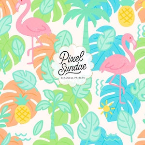 May include: Seamless pattern featuring pink flamingos, palm trees, and pineapples amidst tropical leaves in shades of green, blue, and orange. The text "Pixel Sundae" is displayed in a white cloud-shaped design with gold trim. The words "Seamless Pattern" are below the text.