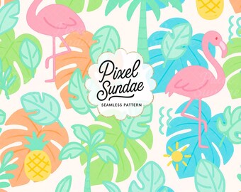 Flamingo Seamless Pattern: Palms & Pineapples, Tropical Digital Paper, Aloha Background, Hawaii Print, Luau Scrapbook paper