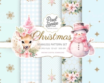 Noel Christmas Digital Paper Pack, Blue Christmas Background, Junk Journal, Card Making, Pastel Christmas Ephemera, Scrapbook Paper