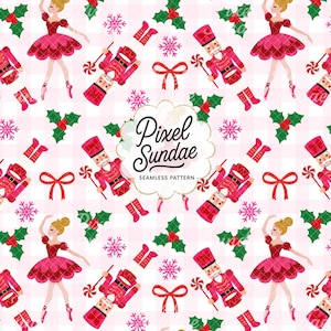 May include: A seamless pattern featuring a repeating design of a ballerina, nutcracker, holly, bows, snowflakes, and ballet slippers in shades of pink and red. The text "Pixel Sundae" is displayed in a decorative font.