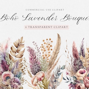 Boho Floral Clipart Pack, Boho Lavender Bouquet Clipart, Boho Clipart Bundle, Clip Art for Commercial Use, Transparent PNGs, Wedding Clipart