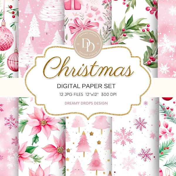 Pink Christmas Digital Papers, Junk Journal, Christmas Patterns, Pastel Christmas Papers, Holiday Papers, Paper Crafts, CRPK