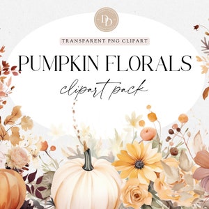 Floral Pumpkin Clipart Pack, Terracotta Clip Art, Burnt Orange Pumpkin Boho Floral Leaves, Fall Clipart, Commercial Use, Transparent PNG