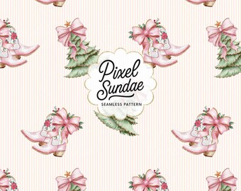 Preppy Christmas Cowgirl Boots Seamless Pattern: Striped Western Holiday Digital Paper, Trendy Tree Print, Xmas Seamless, Digital Download