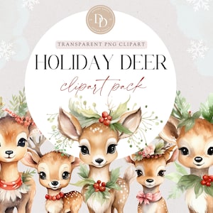 Christmas Deer Clipart, Watercolor Christmas, Woodland Animal Clipart, Reindeer Clipart,  Transparent PNG, Commercial Use, Christmas Clipart
