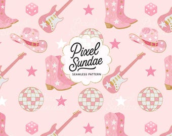 Disco Cowgirl Seamless Patten: Pink Cowgirl Boots, Western Themed Pattern, Seamless Background, Rodeo Party Digital Paper, Digital Download