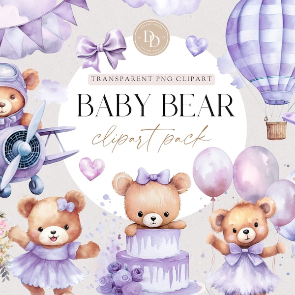 Teddy Bear Balloons Clipart Pack, Balloon Animal Clipart, Lilac Teddy Clip Art for Girls,  For Commercial Use PNG, Baby Shower Clipart, BRCA