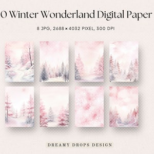 Winter Digital Paper Pack, Winter Scrapbook Paper, Pink Christmas, Snow Backdrop, Pink Winter Background, For Commercial Use, Paper Crafts