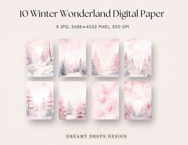 Winter Digital Paper Pack, Winter Scrapbook Paper, Pink Christmas, Snow Backdrop, Pink Winter Background, For Commercial Use, Paper Crafts