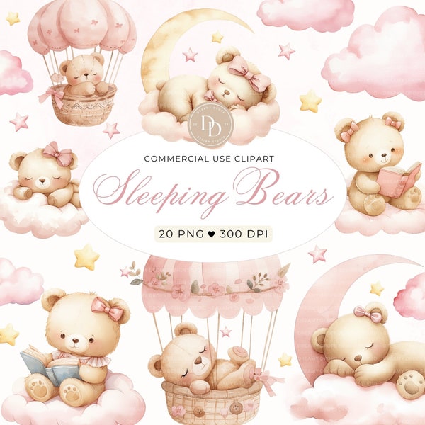 Sleeping Teddy Bears Clipart Pack, Pink Teddy Bear Clipart, Boho Bear PNG, Baby Girl Bear PNG, Cute Teddy Bear Moon, Baby Shower Clipart