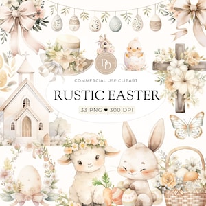 Rustic Easter Clipart Bundle, Cute Easter Bunny Clip Art, Floral Crosses Clipart, Boho Nursery Clipart, Easter Lamb Clipart, Commercial Use