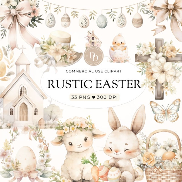 Rustic Easter Clipart Bundle, Cute Easter Bunny Clip Art, Floral Crosses Clipart, Boho Nursery Clipart, Easter Lamb Clipart, Commercial Use