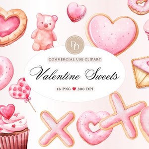 Valentine Sweets Clipart, Valentines Day Clipart, Pink Sweets Clipart, Love Clipart, Watercolor Valentine, Commercial Use PNGs