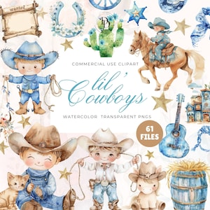 Cowboy Nursery Clipart Bundle, Watercolor Baby Cowboy Clipart, Cute Cowboy PNG, Wild West, Western Clipart, Baby Boy Cowboy Clipart