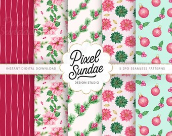 Christmas Floral Seamless Pattern Bundle: Red & Pink Holiday Flowers, Watercolor Poinsettia Digital Paper, Festive Greenery Digital Paper