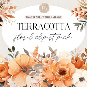 Terracotta Floral Clipart Pack, Autumn Flowers, Orange Boho Floral, Boho Floral PNG, Fall Wedding Clipart, Transparent PNGs, Commercial Use