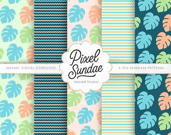 Palm Leaf Seamless Pattern: Hawaiian Digital Paper, Blue and Sage Palms, Island Print, Tropical Scrapbook Paper, Beach Coastal Background