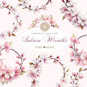Pink Wreath Clipart Pack, Watercolor Cherry Blossom Clipart, Sakura Clipart, Floral Clipart, Spring Flowers Clipart, Pink Flowers Clipart