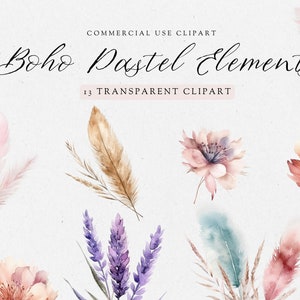 Watercolor Boho Clipart Pack, Boho Clipart, Clip Art For Commercial Use, Transparent PNGs, Wedding Clipart, Pastel Clipart