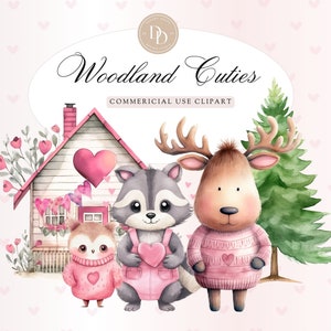 Valentine Woodland Clipart Pack, Woodland Animal Clipart, Valentine Ephemera , Valentines Day Animals, Cute Valentine, Commercial Use PNGs