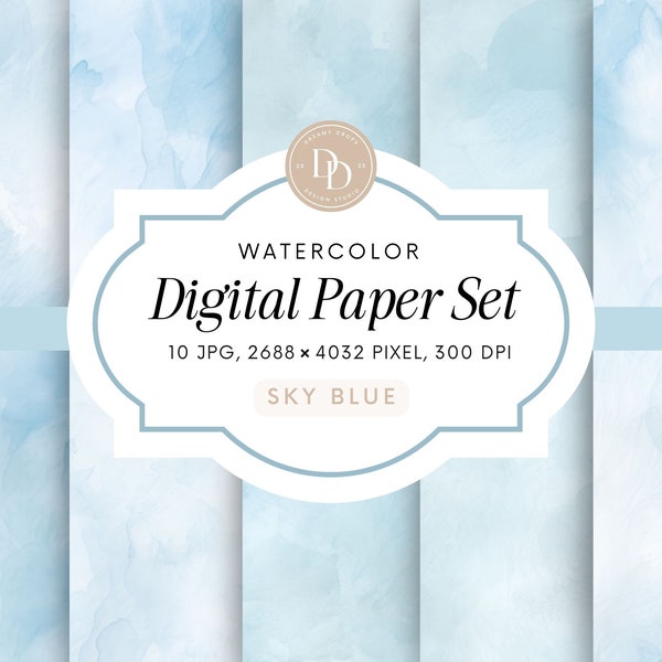 Pack de papier numérique aquarelle | Fond bleu ciel | Fond aquarelle pastel | Utilisation commerciale | Fond aquarelle JPG