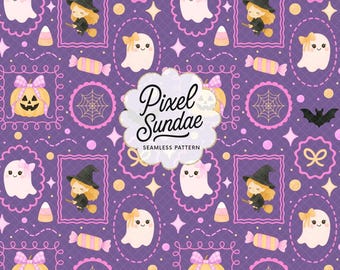 Kawaii Halloween Seamless Pattern: Frame Seamless, Coquette Ghost & Witch Pattern, Cute Halloween Digital Paper, Digital Download