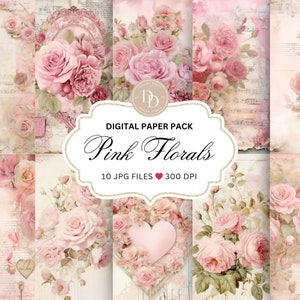 Valentine Junk Journal Pages, Pink Florals, Romantic Ephemera, Printable Vintage Valentines Digital Paper, Paper Crafts, Scrapbooking, VDJJ
