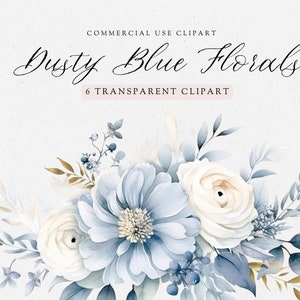 Dusty Blue Floral Clipart Pack, Watercolor Dusty Blue, Clip Art For Commercial Use, Transparent PNGs, Baby Blue Flowers Clipart, Border