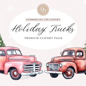 Christmas Truck Clipart Pack, Christmas Clipart, Red Christmas Truck PNG,  Watercolor Christmas Truck, Transparent PNG, For Commercial Use