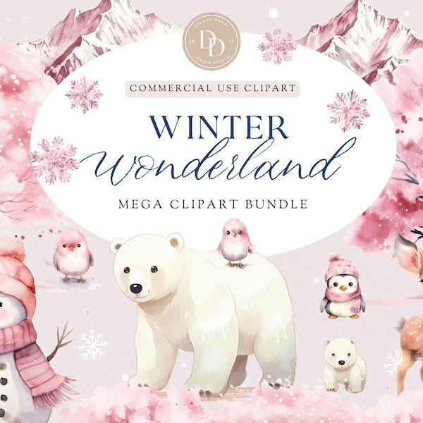 Winter Wonderland Clipart Bundle, Pink Christmas, Polar Bear Clipart, Winter Wedding, Woodland PNG, Winter Clipart, Commercial Use, CRPK