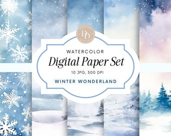 Winter Digital Paper Pack, Winter Scrapbook Paper, White Christmas, Snow Backdrop, Blue Winter Background, For Commercial Use, Paper Crafts