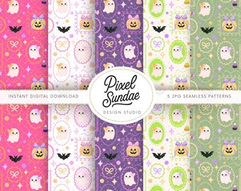 Pastel Cute Ghost Seamless Pattern Set: Halloween Digital Paper, Girly Ghosts Pattern, Framed Ghosts Seamless, Halloween Fabric Design