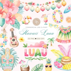 Pacote de clipart de Luau, clipart de aquarela do Havaí, clipart tropical, flor havaiana PNG, clipart de verão, garota hula, clipart de festa