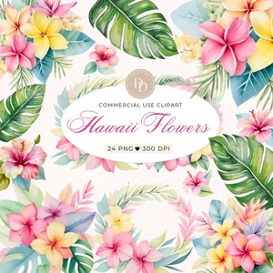 Hawaii Flowers Clipart Pack, Luau Clipart, Pastel Tropical, Tropical Flowers Clipart, Wedding Clipart, Hibiscus Flower PNG, Tropical Wreaths