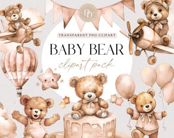 Boho Teddy Bear Clipart Pack, Teddy Bear Clip Art, Beige Teddy Bear Clipart For Boys, Commercial Use PNG, Baby Shower Clipart, BRCA