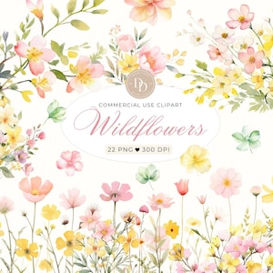 Roze en gele wilde bloemen clipart, aquarel weide bloemen clipart, bruiloft clipart, bloemen randen, wilde bloemen png, wilde lentebloemen
