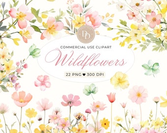 Pink and Yellow Wildflower Clipart, Watercolor Meadow Flowers Clipart, Wedding Clipart, Floral Borders, Wildflower PNG, Spring Wildflowers