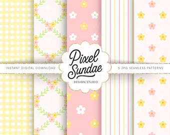Ditsy Floral Seamless Pattern: Pink Yellow Spring Floral, Gingham & Trellis Flowers, Floral Digital Paper, Pastel Wildflower Background